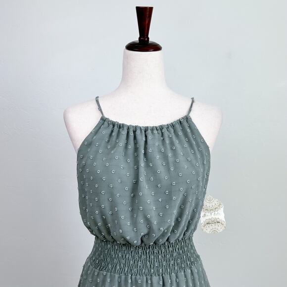 Altar'd State Green Sage Clip Dot Sleeveless Halter Mini Dress NWT - Picture 2 of 9